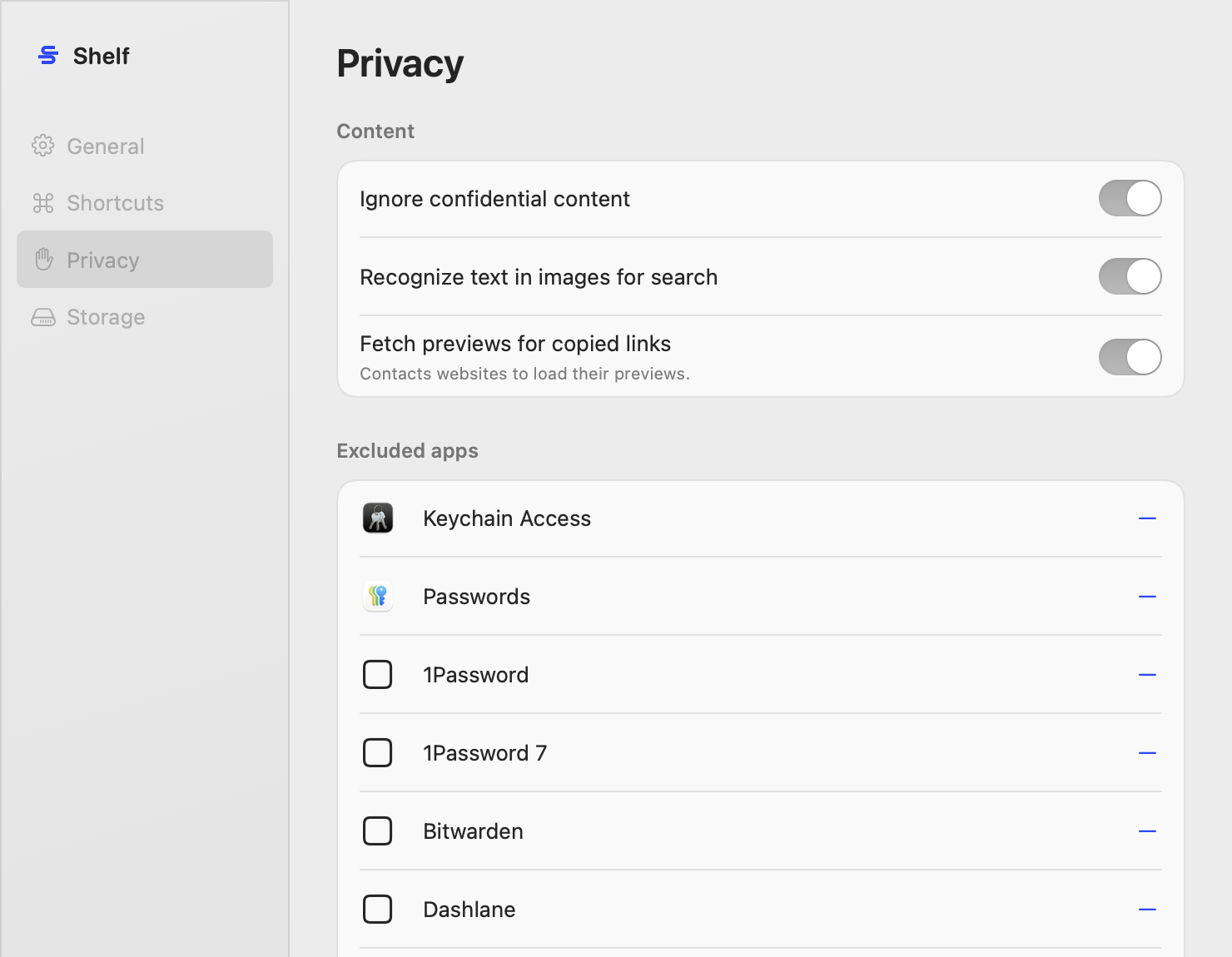 Shelf Privacy settings with excluded apps: Keychain Access, Passwords, 1Password, Bitwarden and Dashlane